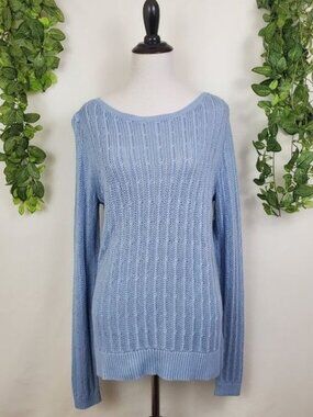 Ann Taylor Loft Light Blue Open Knit Lightweight Pullover Medium  Long Sleeve